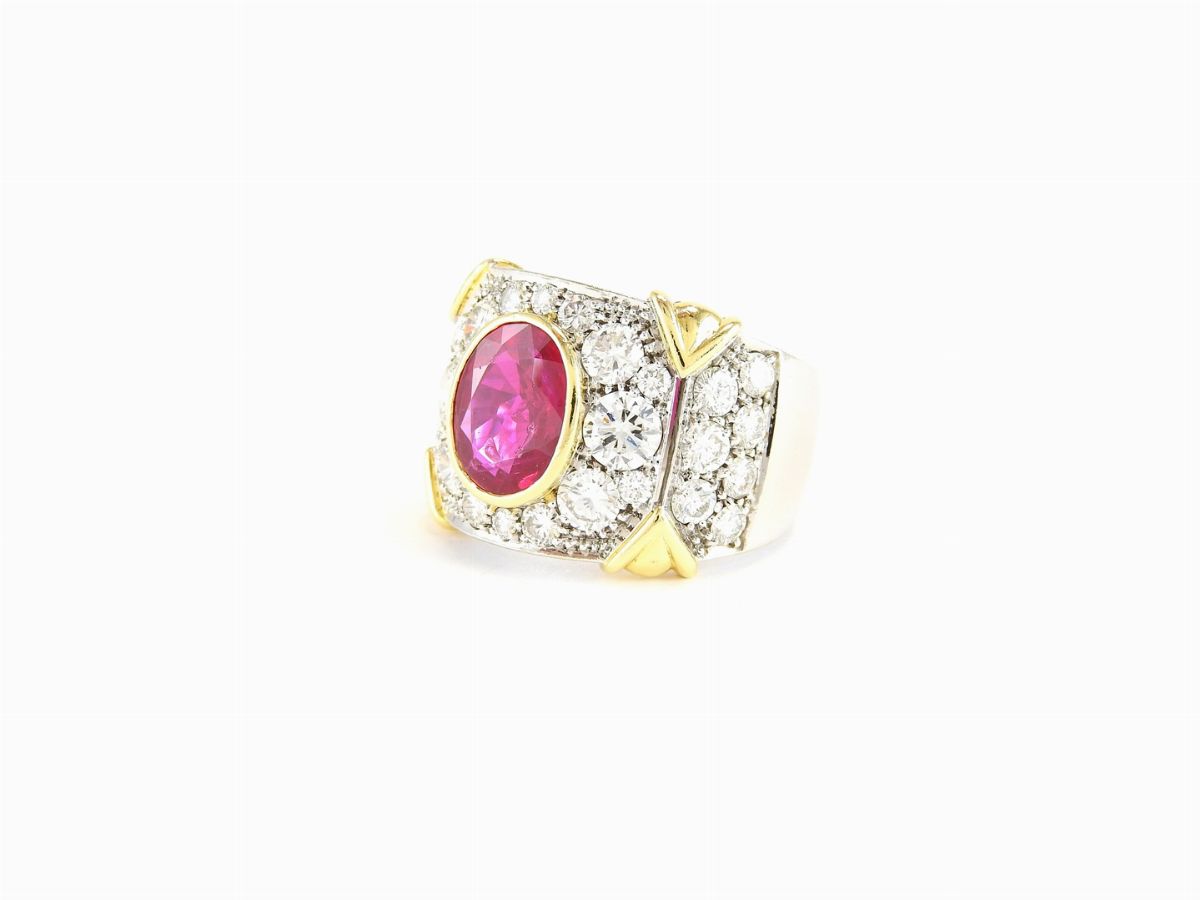Anello Tapparini a Fascia in Oro Bianco e Giallo, Diamanti e Rubino