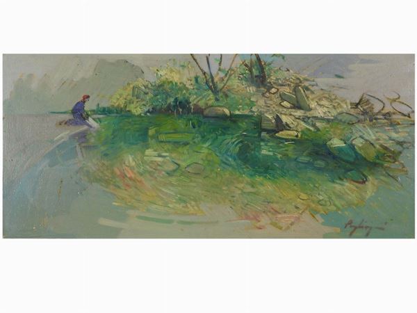 Francesco Pagliazzi : Landscape with Lake with laundress  ((1910-1988))  - Auction Modern and Contemporary Art - II - Maison Bibelot - Casa d'Aste Firenze - Milano