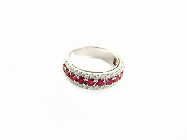 White gold band ring with diamonds and rubies