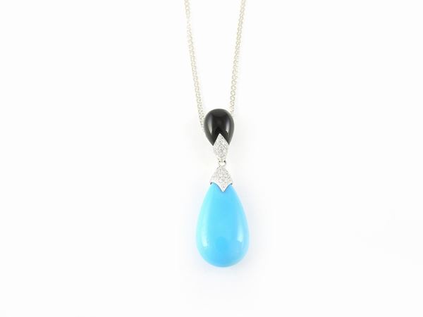 White gold necklace with diamonds, turquoise and onyx