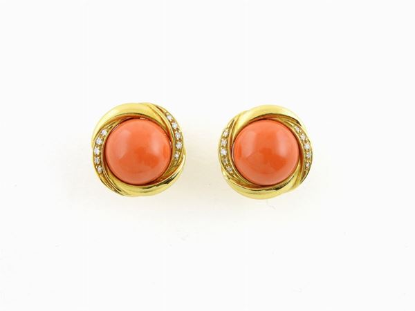 Yellow gold and orange coral earrings with diamonds