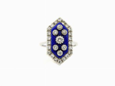 Anello in Oro Bianco, Smalto Blu e Diamanti