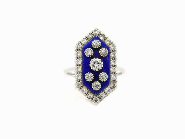 White gold ring with blue enamel and diamonds