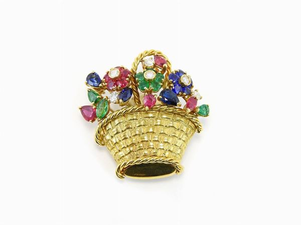 Yellow gold brooch with diamonds, rubies, sapphires and emeralds