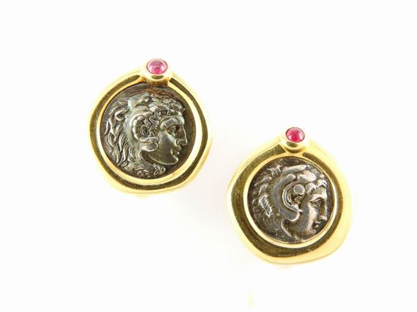 Yellow gold earrings with Hellenistic silver coins and rubies