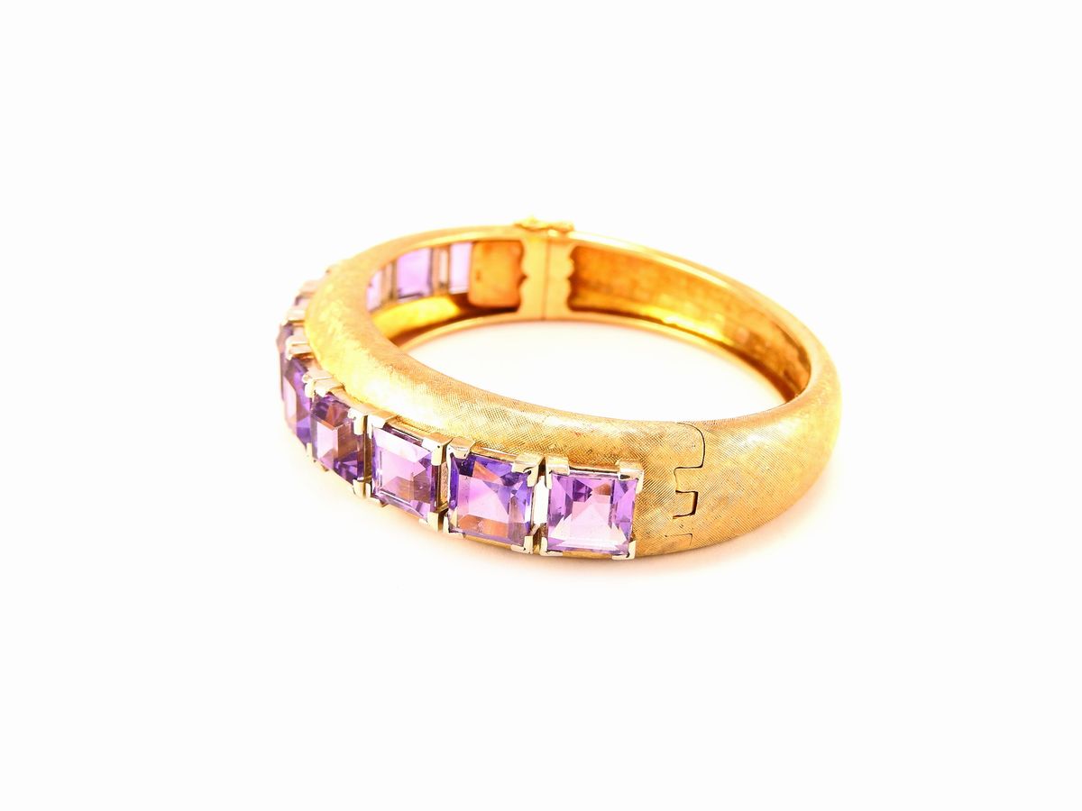Bracciale Rigido in Oro Giallo Satinato e Bianco con Quarzi Ametista