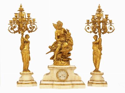 Importante Trittico da Camino in Bronzo Dorato e Alabastro