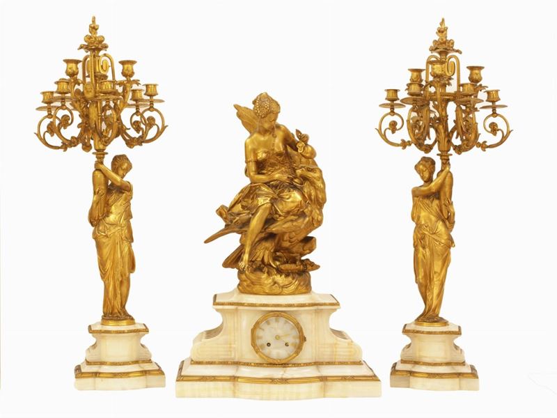 Importante Trittico da Camino in Bronzo Dorato e Alabastro