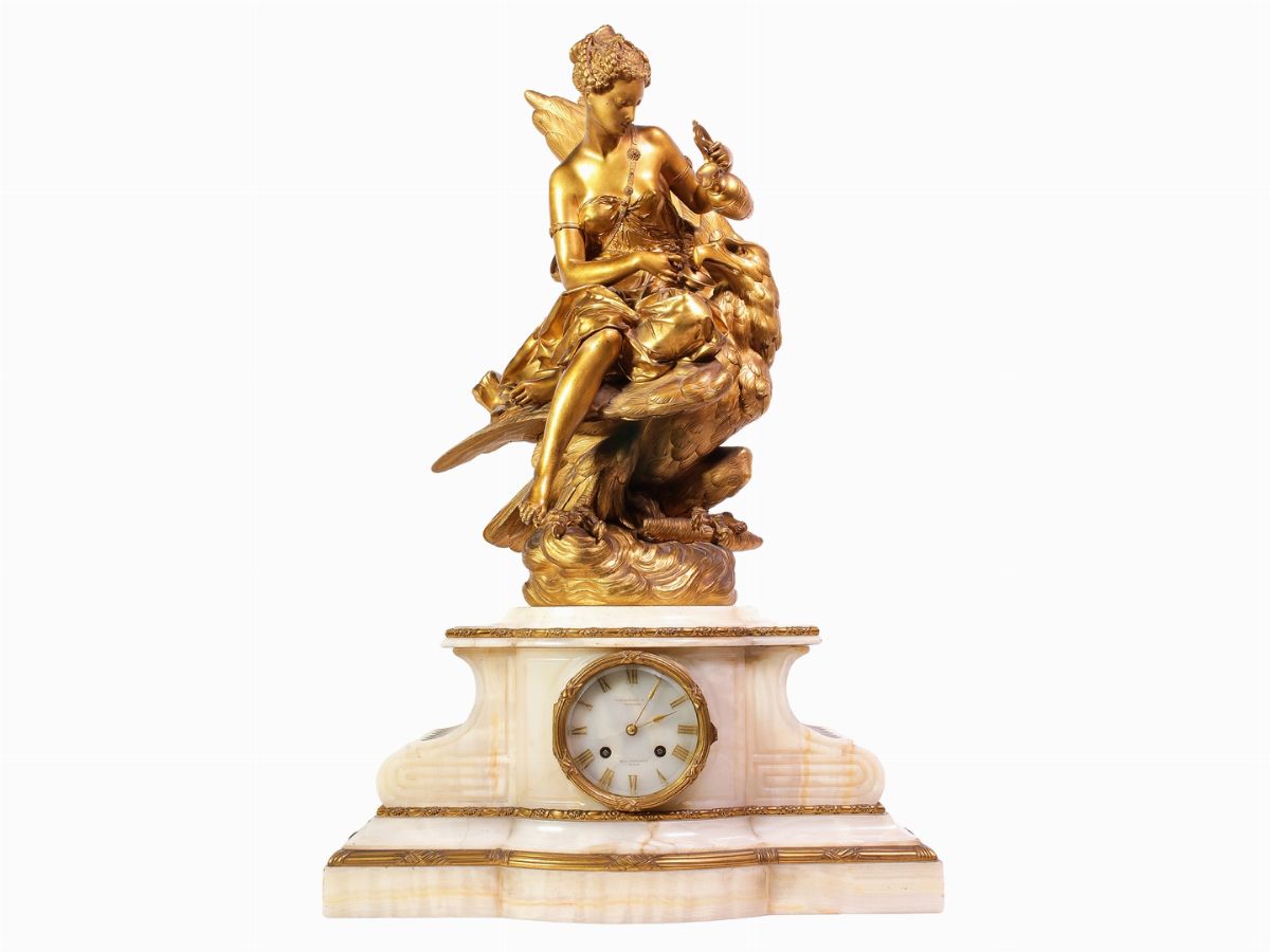 Importante Trittico da Camino in Bronzo Dorato e Alabastro