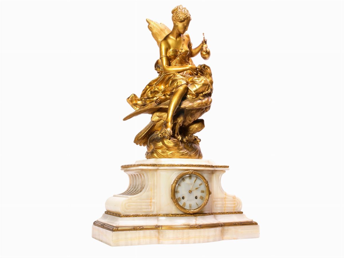 Importante Trittico da Camino in Bronzo Dorato e Alabastro