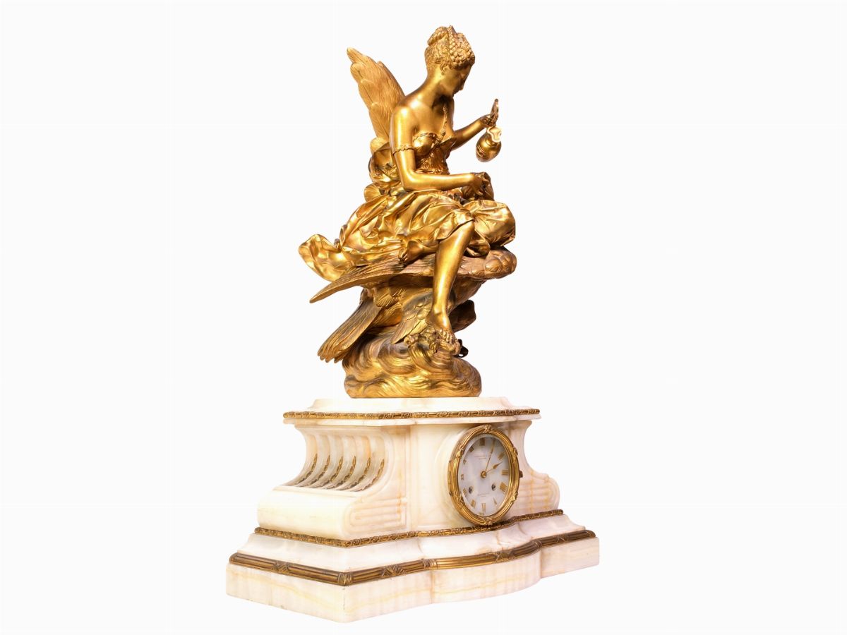 Importante Trittico da Camino in Bronzo Dorato e Alabastro