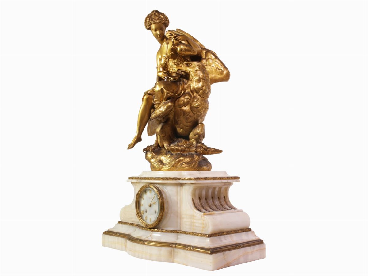 Importante Trittico da Camino in Bronzo Dorato e Alabastro