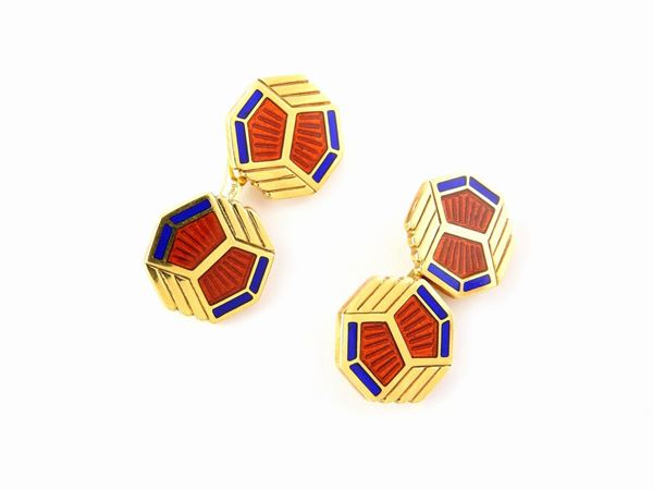 Yellow gold cuff-links with multicoloured enamels