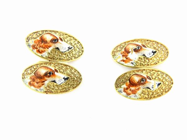 Yellow gold animalier-shaped cuff-links with multicoloured enamels