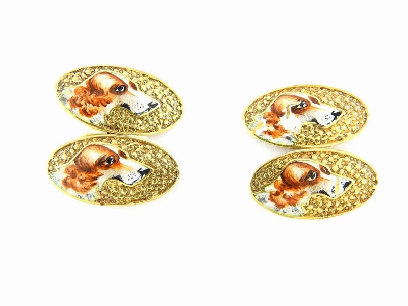 Gemelli Animalier in Oro Giallo e Smalti Policromi