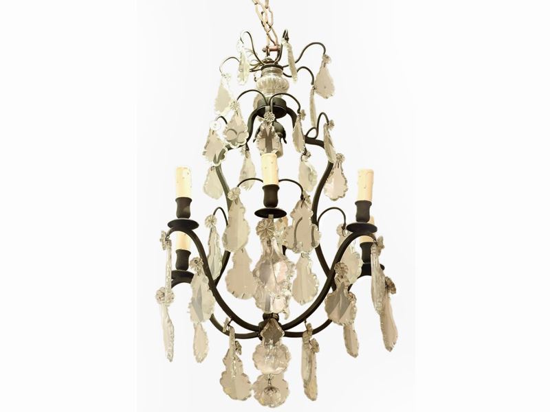 Lampadario in Metallo Brunito e Cristallo