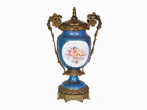 A Painted Porcelain and Gilded Metal Base for Lamp