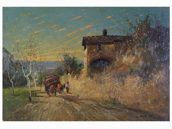 Armeno Mattioli : Country Landscape with Farmer and Carriage  ((1920-2012))  - Auction Modern and Contemporary Art - II - Maison Bibelot - Casa d'Aste Firenze - Milano