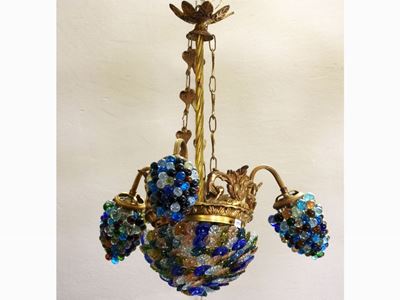 Piccolo Lampadario a Paniere in Bronzo Dorato e Vetri Policromi