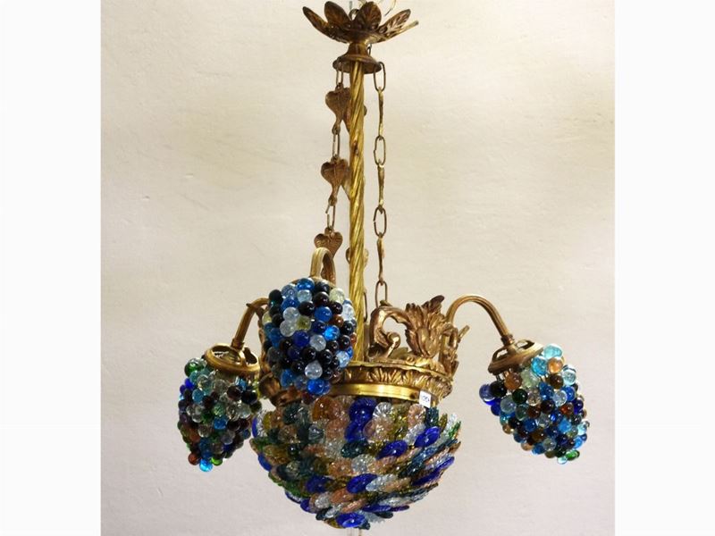 Piccolo Lampadario a Paniere in Bronzo Dorato e Vetri Policromi