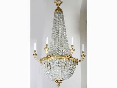 Lampadario a Paniere in Bronzo Dorato e Cristallo