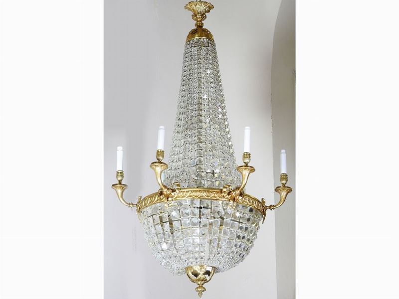 Lampadario a Paniere in Bronzo Dorato e Cristallo