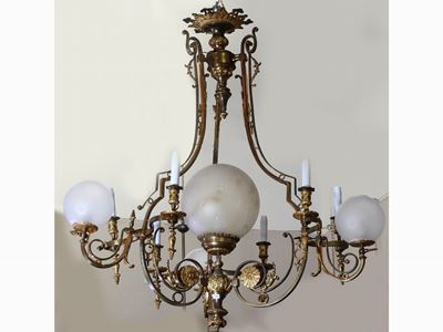 Lampadario a Gas in Metallo e Bronzo Dorato