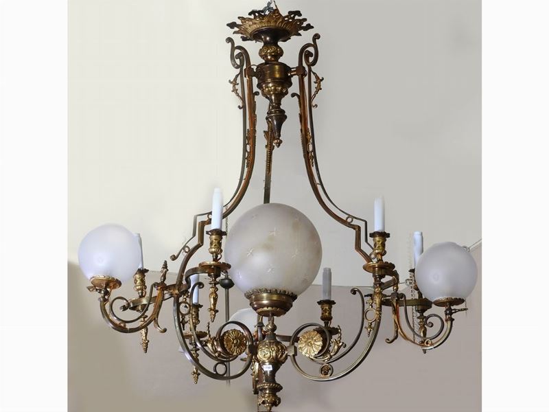 Lampadario a Gas in Metallo e Bronzo Dorato