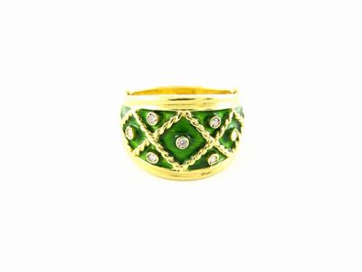 Anello a Fascia in Oro Giallo, Diamanti e Smalto Verde