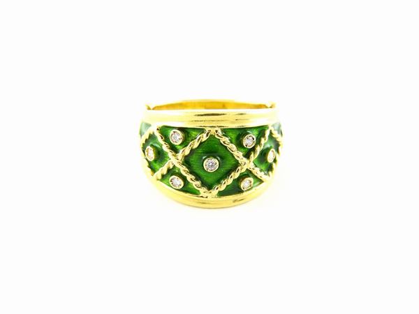 Yellow gold band ring with diamonds and green enamel