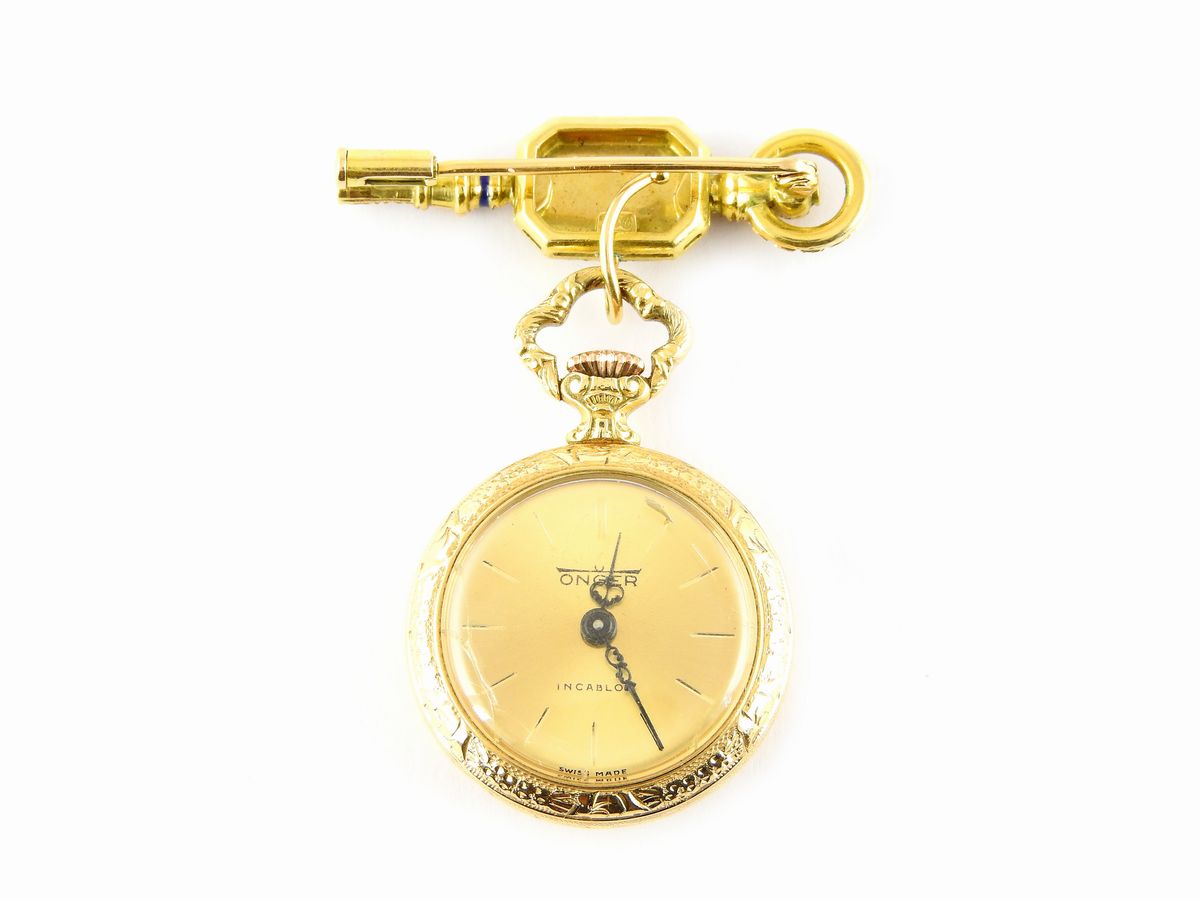 Spilla/pendente Orologio Onger in Oro Giallo e Smalti Policromi