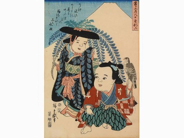 Utagawa Hiroshige - Scena di genere con figure femminili e Due caricature di attori
