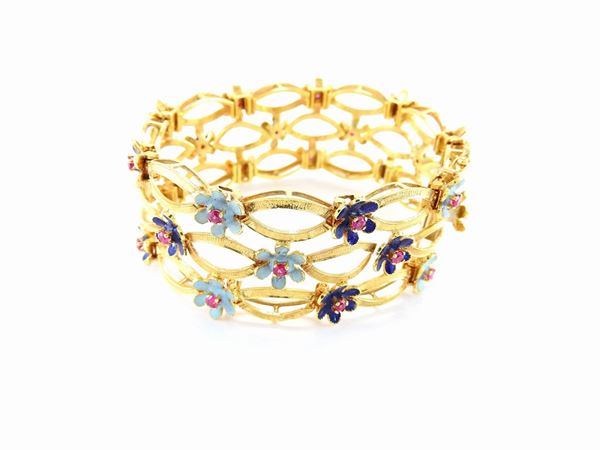 Semi rigid yellow gold bracelet with rubies and multicoloured enamels