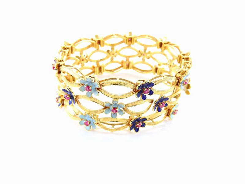 Bracciale Semirigido in Oro Giallo, Rubini e Smalti Policromi