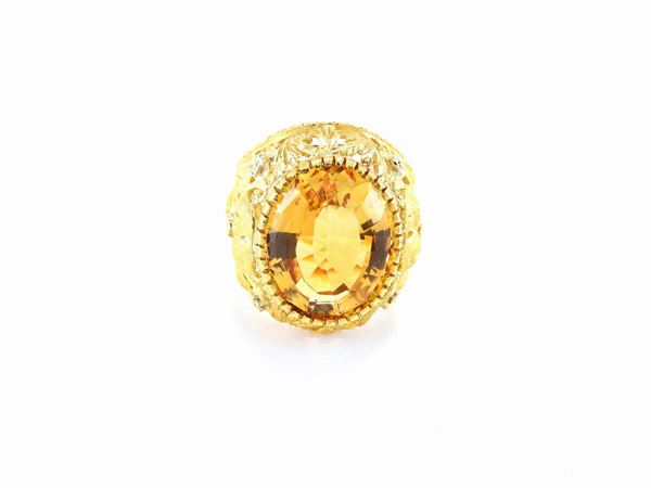 White and yellow gold rounded band ring with citrine quartz