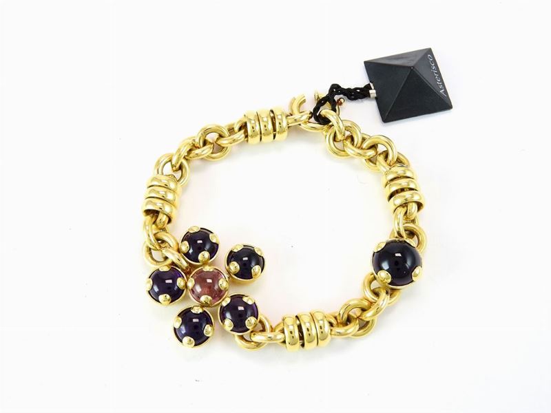 Bracciale "asterisco" in Oro Giallo, Quarzi Ametista e Tormalina Rosa
