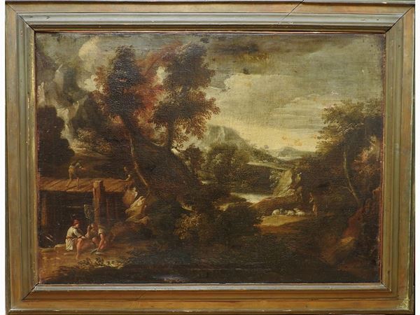 Cerchia di Gaspard Dughet - River Landscape with Fishermen