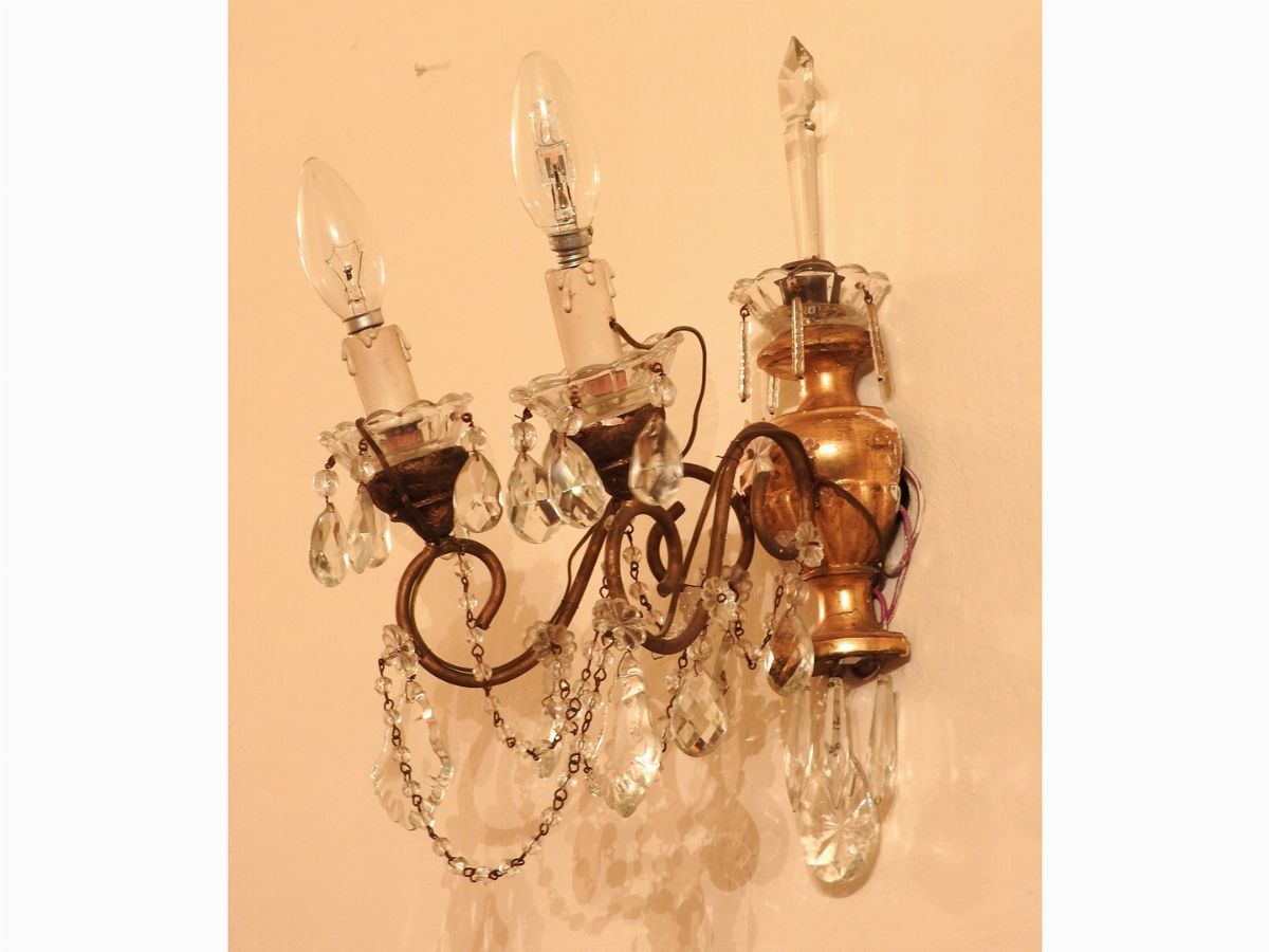 Piccolo Lampadario a Paniere in Metallo Dorato e Cristallo