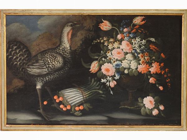 Giuseppe Pesci, alias Monogrammista AV - Natura morta con faraona, asparagi e fiori e Natura morta con pappagallo