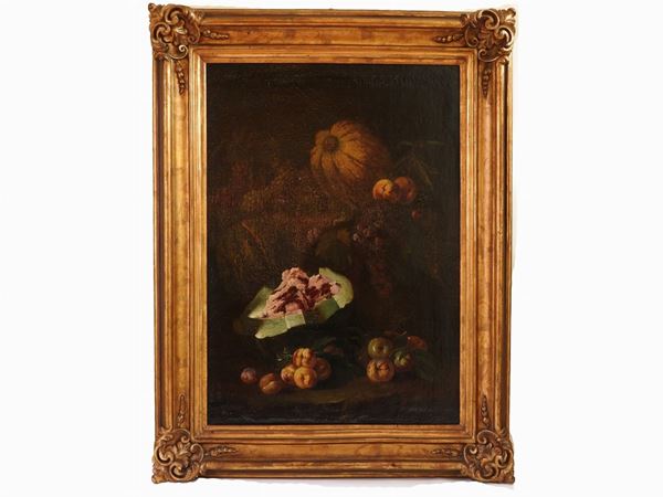 Abraham Brueghel attribuito (1631-1697) - Still Life with Peaches, Watermelon and Pumpkim