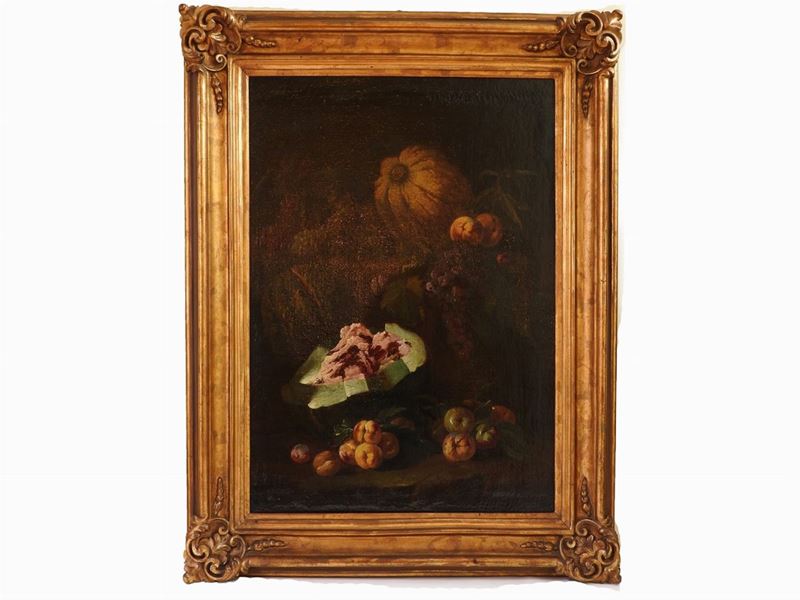 Abraham Brueghel Attribuito (1631-1697) - Natura Morta con Pesche, Anguria e Zucca