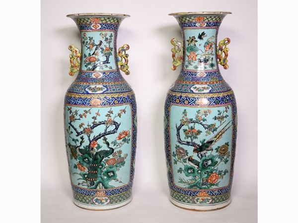 A Pair of Polychrome Porcelain Vases