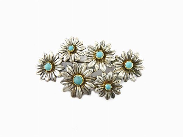 Yellow gold and silver Gucci brooch with turquoises
