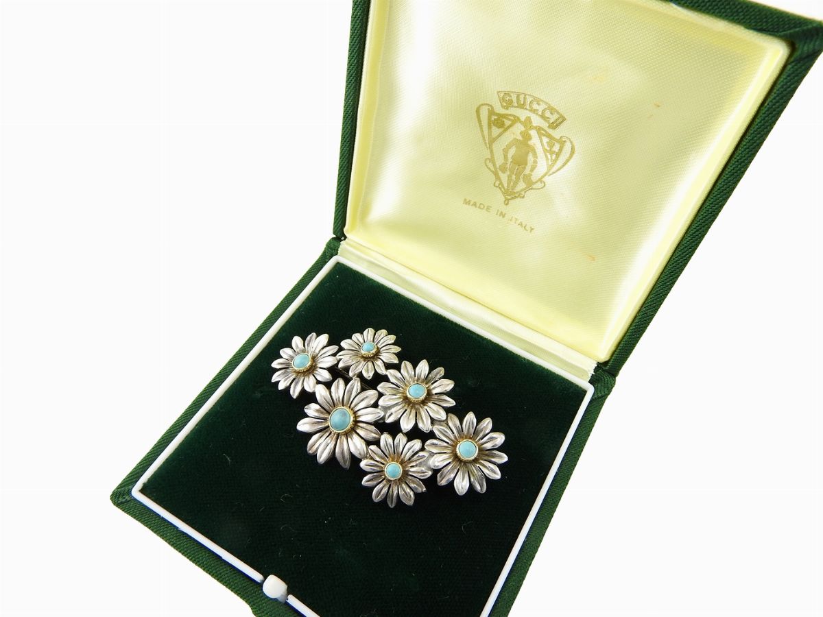 Spilla Gucci in Argento, Oro Giallo e Turchesi