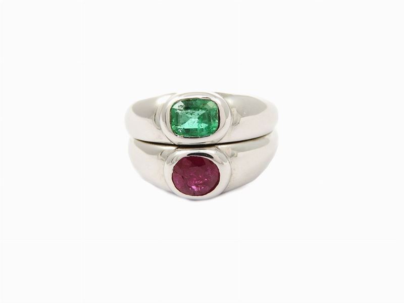 Anello in Oro Bianco a Doppia Fascia, Smeraldo e Rubino