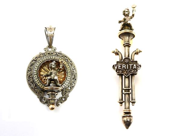 Una spilla, un pendente e un paio di orecchini in parure Marchesini in oro giallo e argento