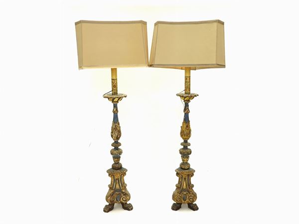 A Pair of Large Floor Lacquered and Giltwood Prickets