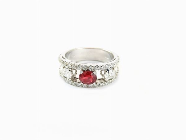 White gold band ring with diamonds and ruby