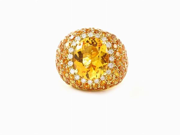 Yellow gold domed ring with diamonds and citrine quartzes