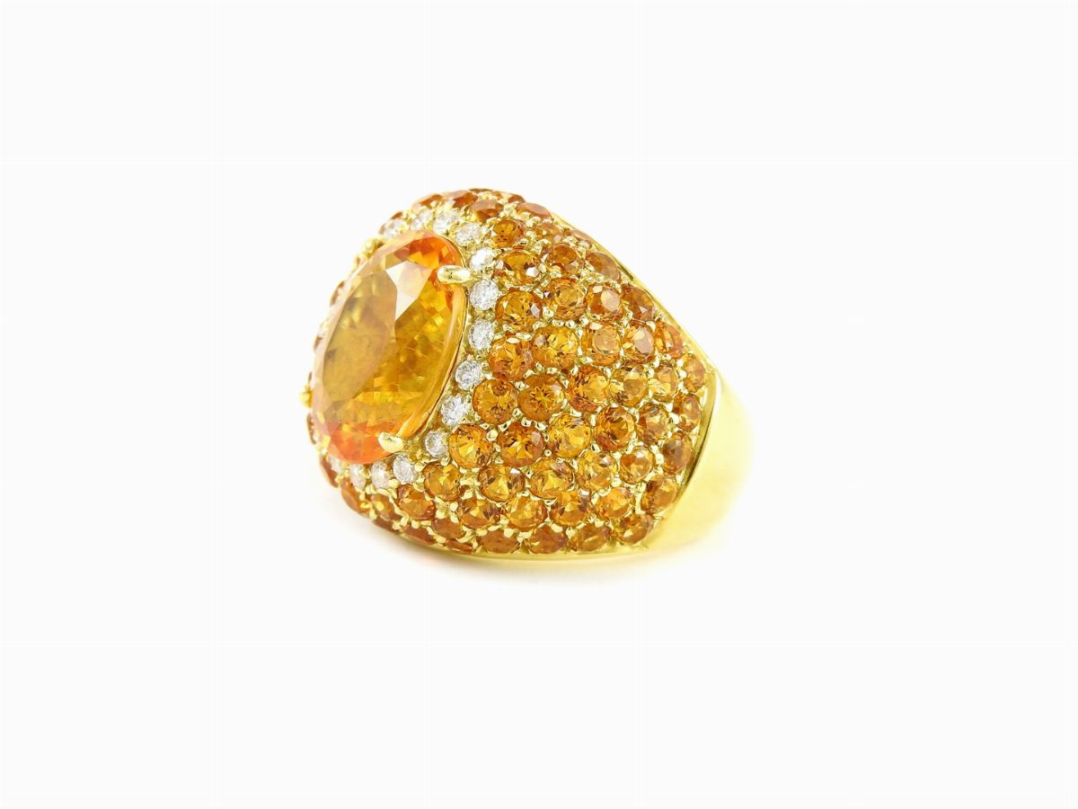 Anello Musone in Oro Giallo, Diamanti e Quarzi Citrini